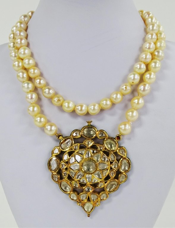 19TH C. 10KT YG ENAMELED DIAMOND & PEARL NECKLACE (1 of 4)