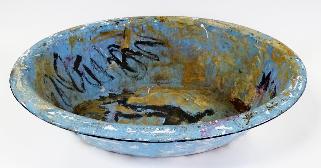 PURVIS YOUNG HAND PAINTED WATERING BOWL: Purvis Young hand painted watering bowl, very rare. Measures approx 26" long x 26" wide. Will not ship can refer local shippers.