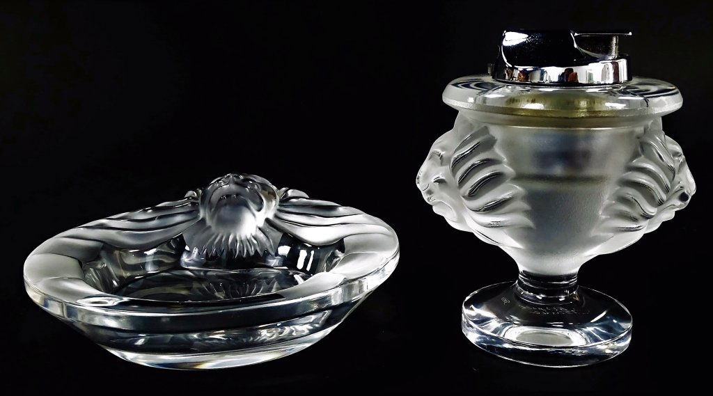PAIR LALIQUE 'TETE DE LION' LIGHTER AND ASH TRAY (1 of 6)