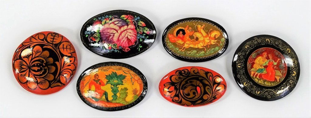 6PC LOT 20TH C. RUSSIAN HAND PAINTED LACQUER PINS (1 of 4)