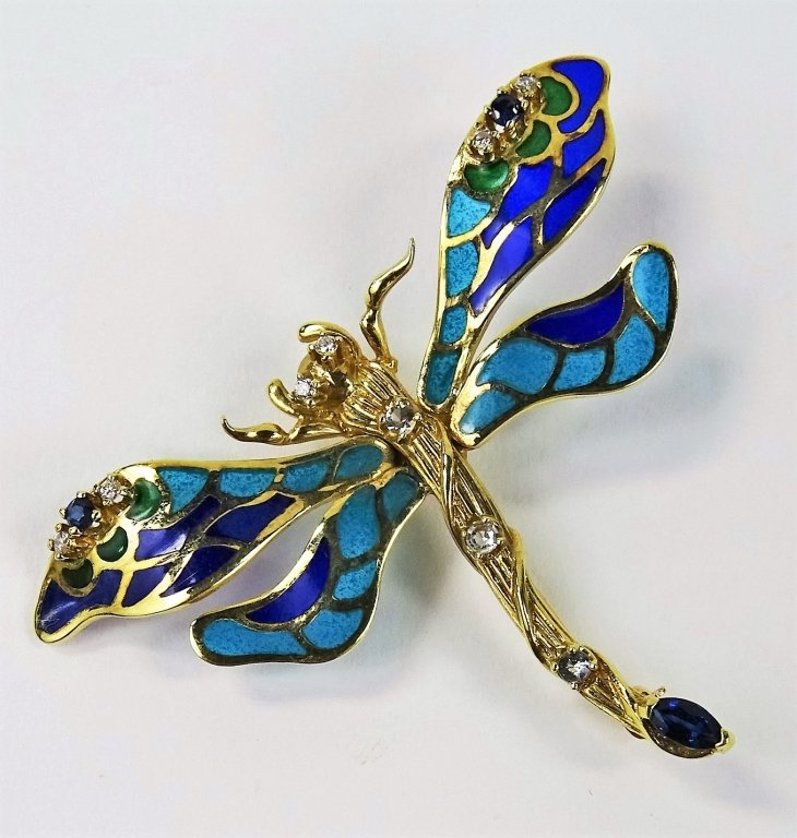 PLIQUE A JOUR 14KT Y GOLD DRAGON FLY BROOCH (1 of 4)