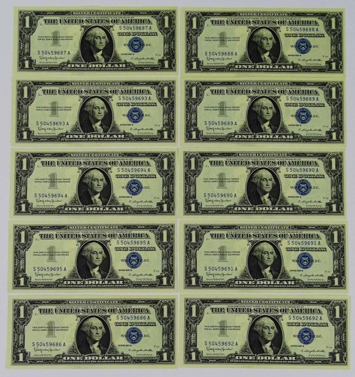 TEN UNCIRCULATED SEQUENTIAL BLUE SEAL $1 BILLS (1 of 2)