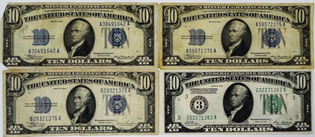 4PC LOT OLD CURRENCY GREEN & BLUE SEAL $10 BILLS (1 of 2)