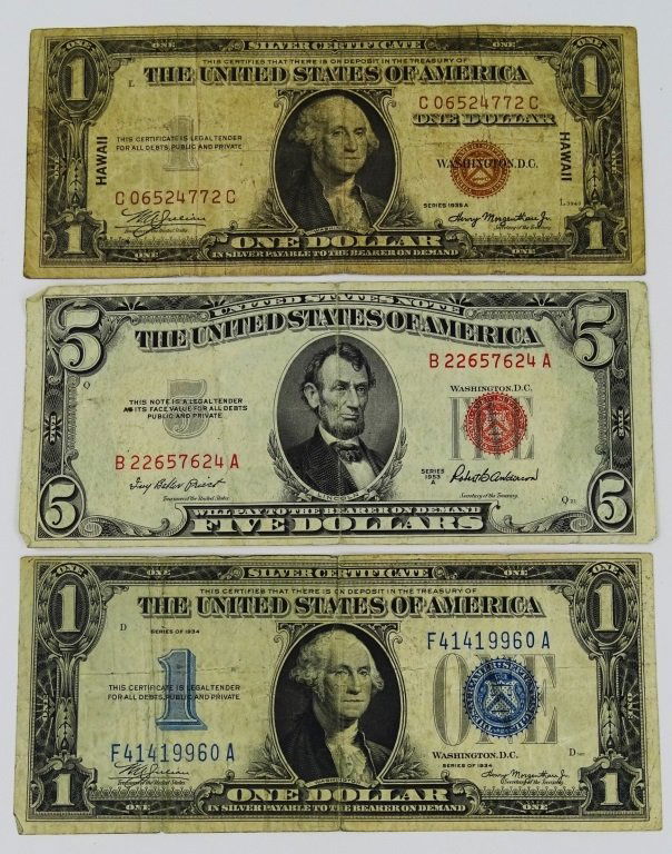 3PC LOT OLD CURRENCY BROWN, BLUE, RED SEAL BILLS (1 of 2)