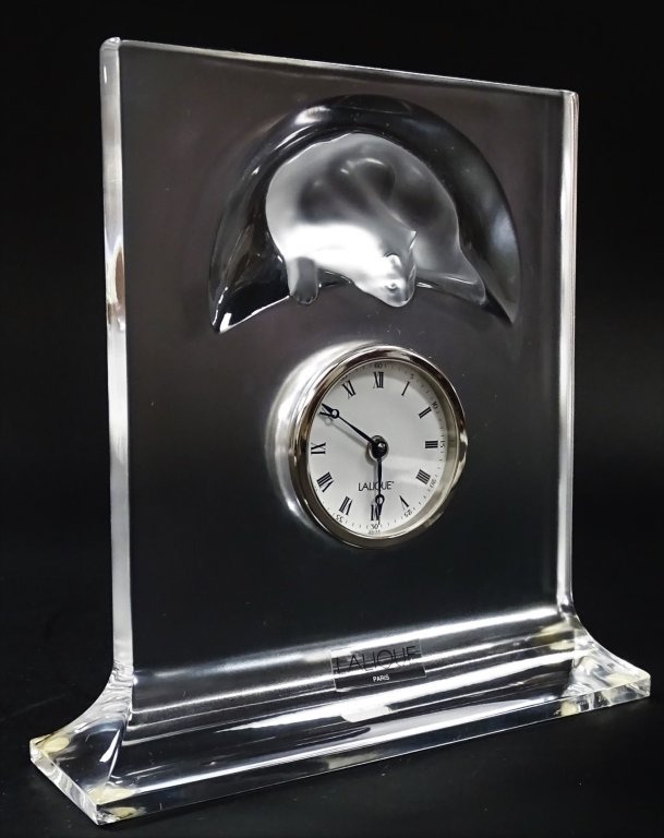 LALIQUE FRANCE MOLDED CRYSTAL CAT CLOCK (1 of 6)