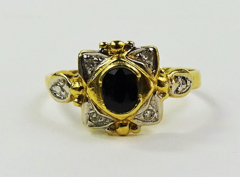 LADIES 18KT YG DECO SAPPHIRE & DIAMOND RING (1 of 4)