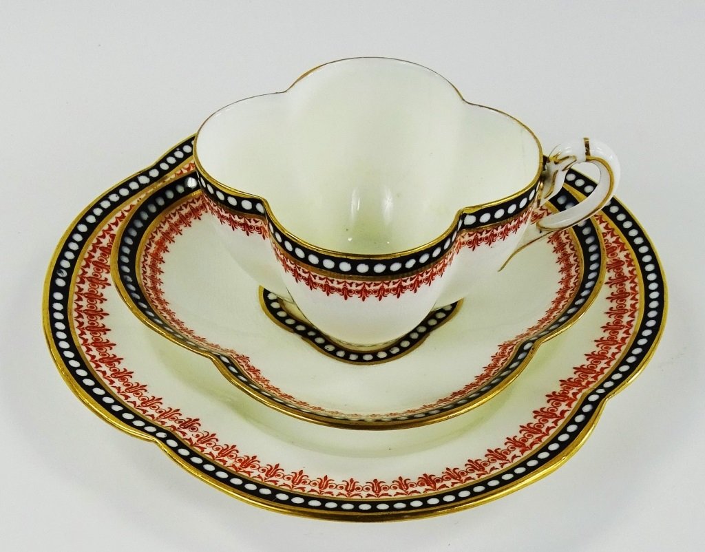 3PCS EARLY 20TH C. COALPORT BONE CHINA PORCELAIN: 3pc lot of Coalport English Bone China; comprised of (1) Cup, (1) Saucer, and (1) Dessert plate. Red, Black, and Gilt border. All marked 'England Coalport A.D. 1750'. Cup measures approx. 4 1/4" width