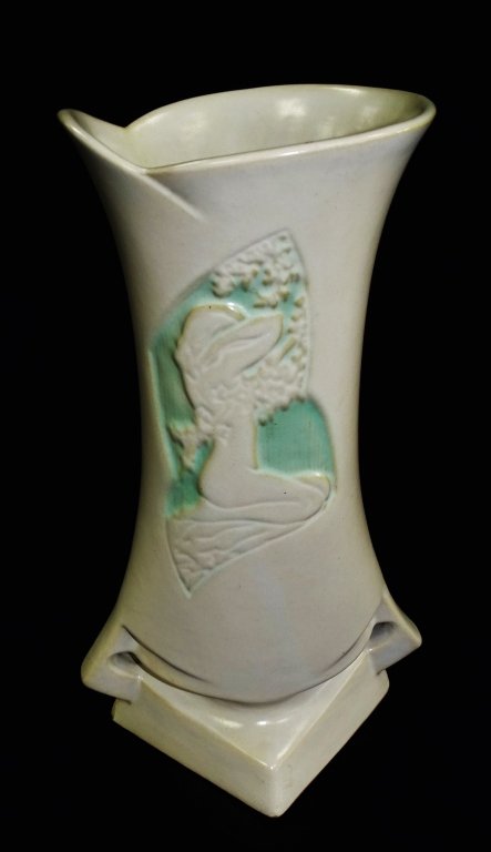 ROSEVILLE SILHOUETTE ART POTTERY VASE SHAPE #787: Roseville 'Silhouette Nude' American Art Pottery vase. Central panels decorated in relief white with silhouette of nude female on green ground. Marked: Roseville USA, 787-10". Measures approx. 10 1/4"