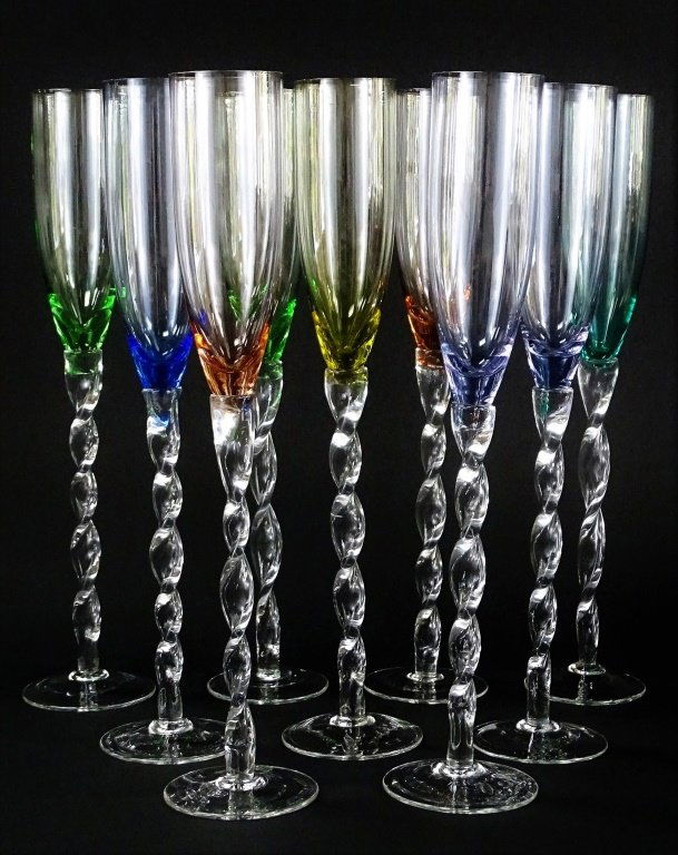 SET OF 9 TALL HAND BLOWN CHAMPAGNE GLASSES (1 of 2)