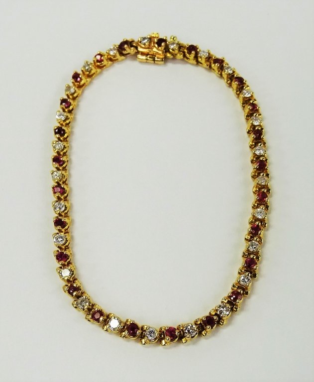 14KT YELLOW GOLD RUBY & DIAMOND TENNIS BRACELET (1 of 4)