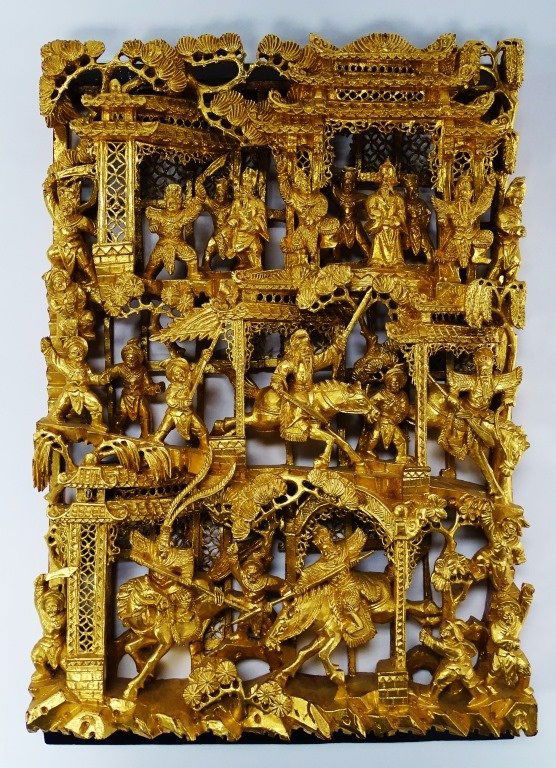 CHINESE CARVED GOLD GILT BATTLE SCENE WOOD PANEL (1 of 3)