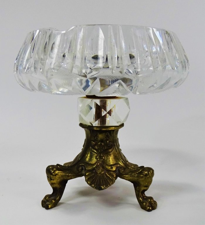 ANTIQUE CONTINENTAL CUT GLASS & BRASS ASH TRAY (1 of 3)