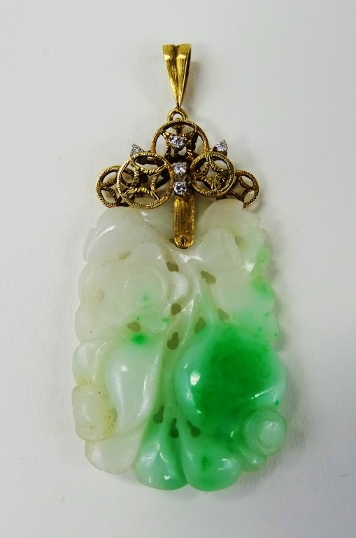 CHINESE WHITE JADE 14KT GOLD & DIAMOND PENDANT (1 of 3)