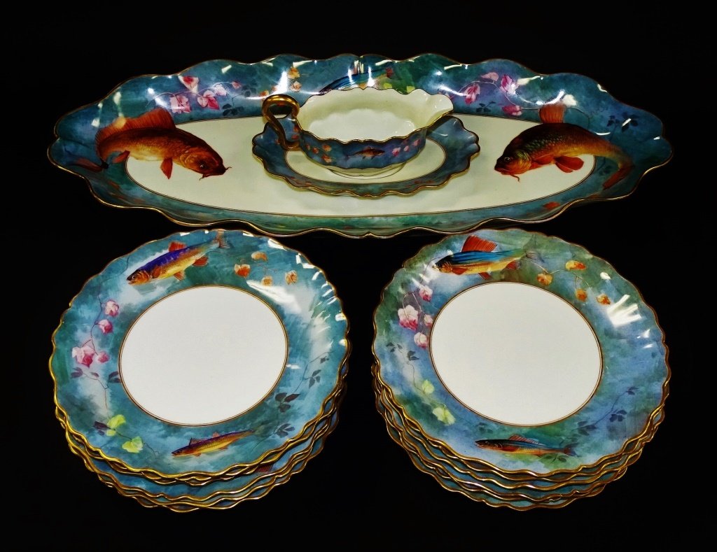 ANTIQUE 15PC HAND PAINTED LIMOGES FISH SET MINT (1 of 5)