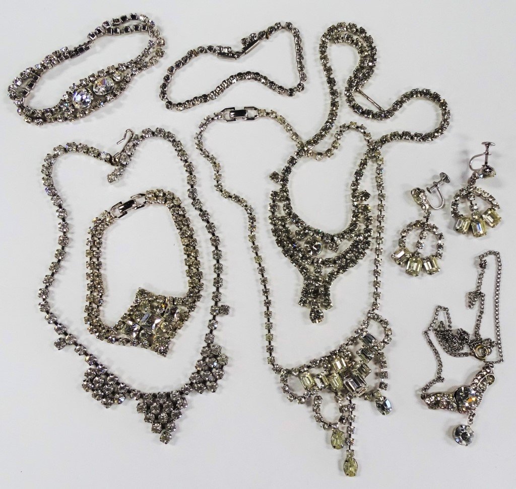 LOT OF VINTAGE COSTUME MARCASITE JEWELRY: 4 necklaces, 3 bracelets, and a set of earrings, all date to the 50's and 60's. shipping $20 plus ins u.s.