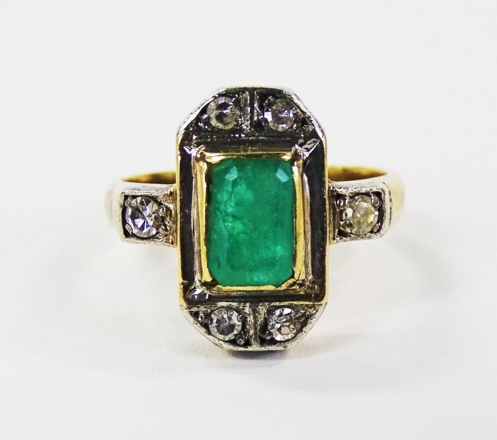 LADIES GEORGIAN 18KT YG & STERLING EMERALD RING (1 of 4)