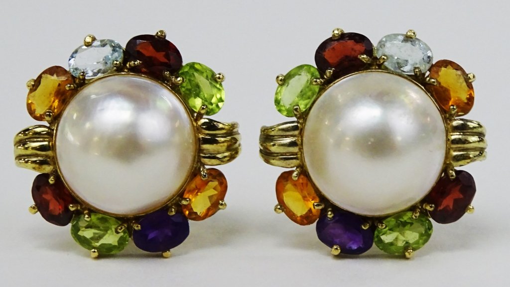 PAIR OF 14KT YG MABE PEARL & GEMSTONE EARRINGS (1 of 2)