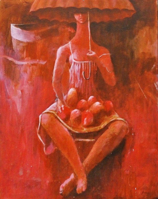 ALEXIS DUQUE ORIGINAL SEATED FIGURE OIL ON BOARD: Duque, Alexis (American/Colombian, 20th); Oil on Board painting titled 'Woman with Fruit' depicting a seated female figure with elongated neck wearing a sun dress, holding an umbrella in her left hand