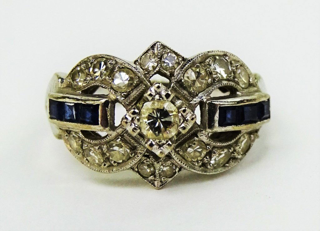LADIES ART DECO 14KT WG DIAMOND & SAPPHIRE RING (1 of 4)