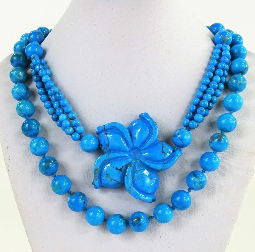 VTG CARVED TURQUOISE BEADED LOTUS FLOWER NECKLACE (1 of 3)