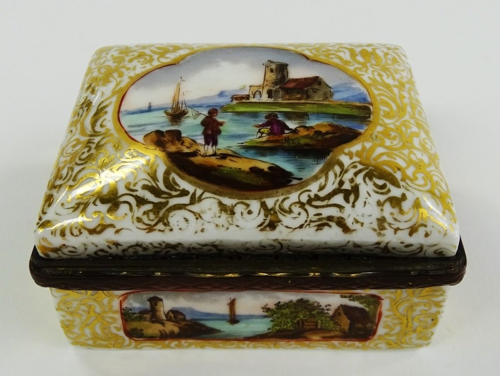 VINTAGE SMALL HAND PAINTED JEWERLY DRESSER BOX: Vintage small hand painted jewelry dresser box with a fishing scene on outside and inside is beautifully painted of a landscape scenery. Measures approx 2 " tall. Will ship for $20U.S. plus insurance.