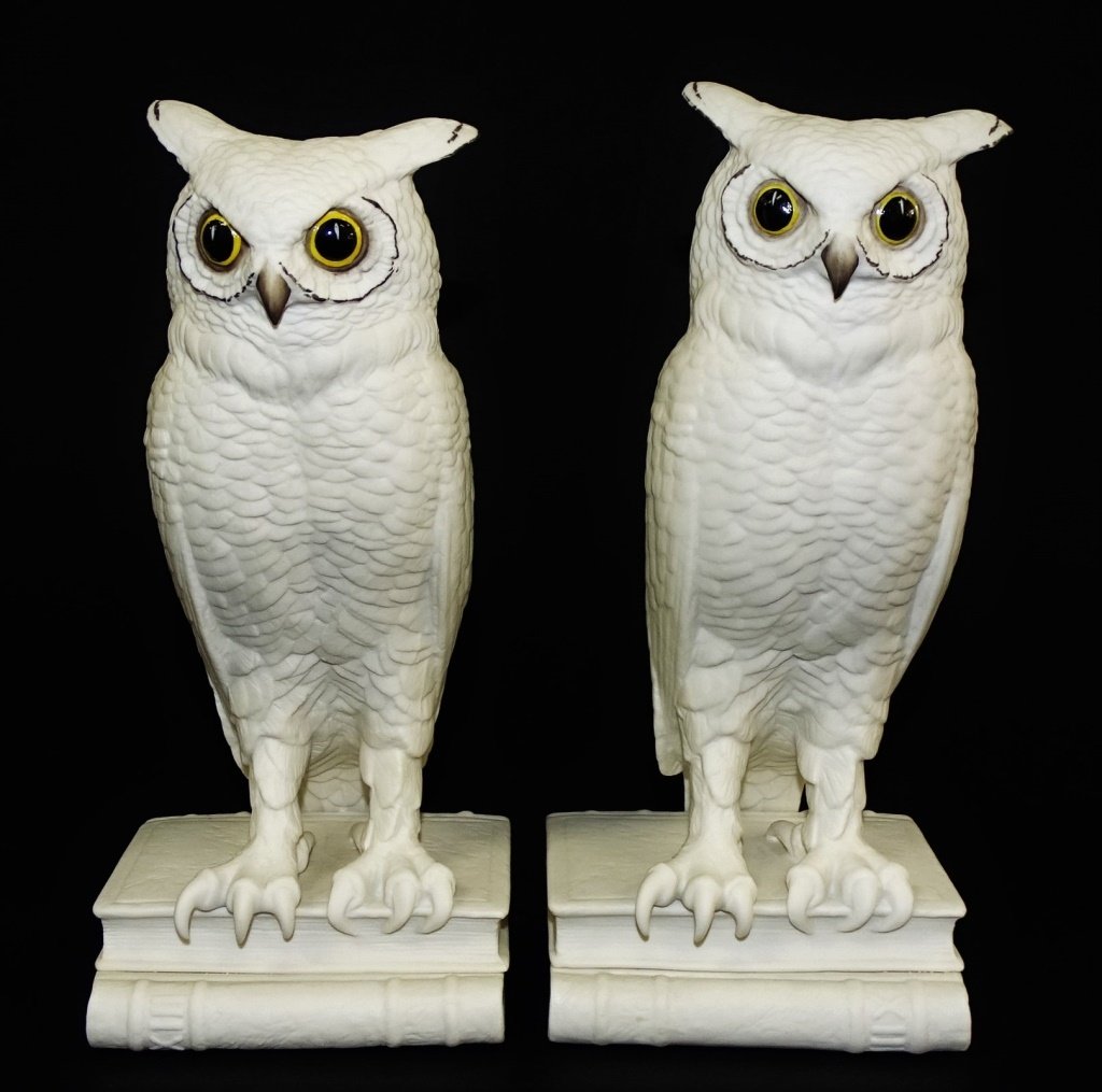 PAIR OF BOEHM WHITE BISQUE PORCELAIN OWL BOOKENDS (1 of 4)