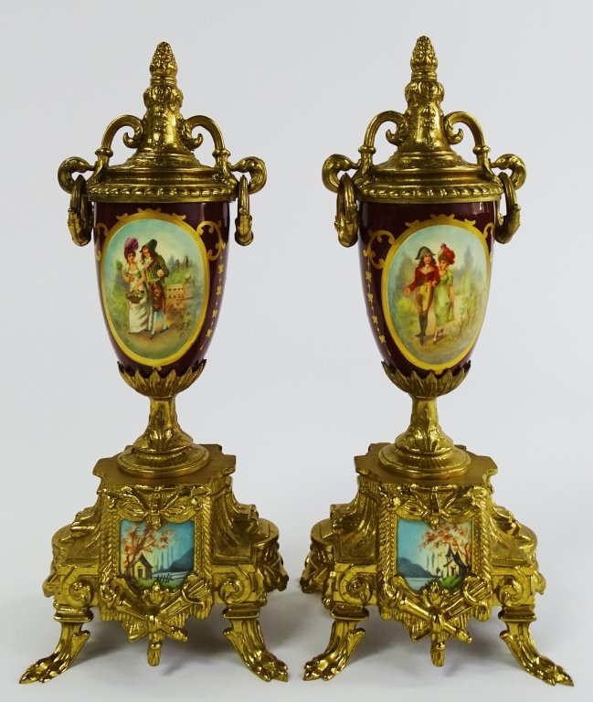 PAIR OF VINTAGE GOLD GILDED URN WITH LOVE SCENE (1 of 6)