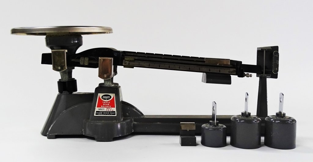 VINTAGE 1950-60S OHAUS TRIPLE BEAM BALANCE SCALE: Vintage 1950-60s Ohaus triple beam balance scale. Measures approx 14 " long x 6 1/2 " tall. Will not ship can refer local shippers.