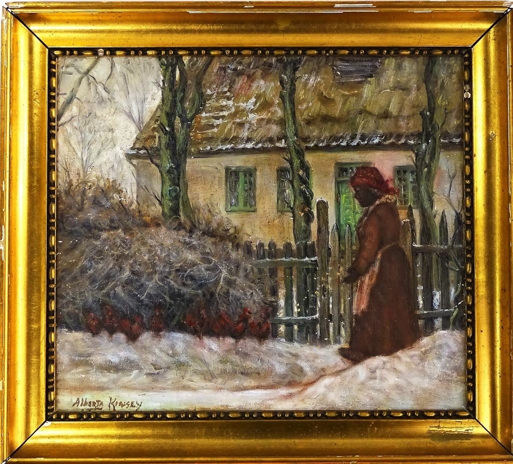 ALBERTA KINSEY ORIGINAL YARD SCENE OIL ON BOARD (1 of 4)