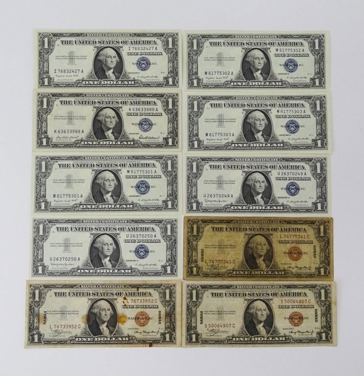 10PCS OLD CURRENCY 1934 & 1957 ONE DOLLAR BILLS: 10pc Old Currency lot consisting of; (1) Seven un-circulated 1957 B series Blue Seal $1 Silver Certificates. Serial #'s; I76832427A, K63633988A, M81775301A, M81775302A, M81775303A, U26370249A, U263702