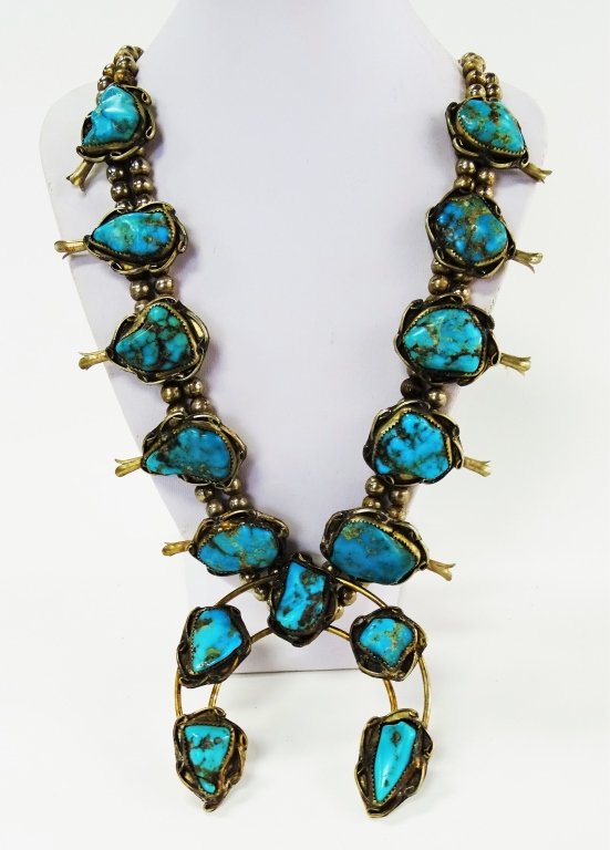 NAVAJO SQUASH BLOSSOM TURQUOISE STERLING NECKLACE (1 of 4)