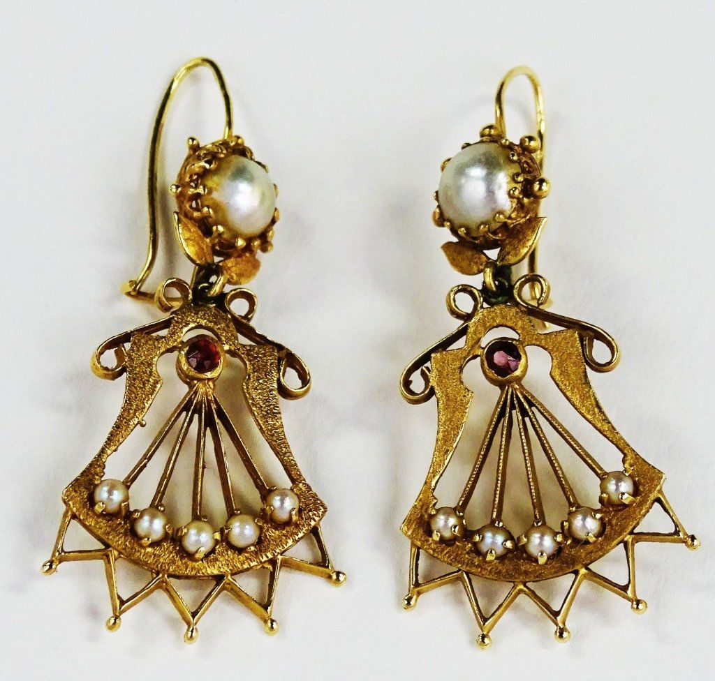 PR LADIES ANTIQUE 14KT YG PEARL DROP EARRINGS (1 of 3)