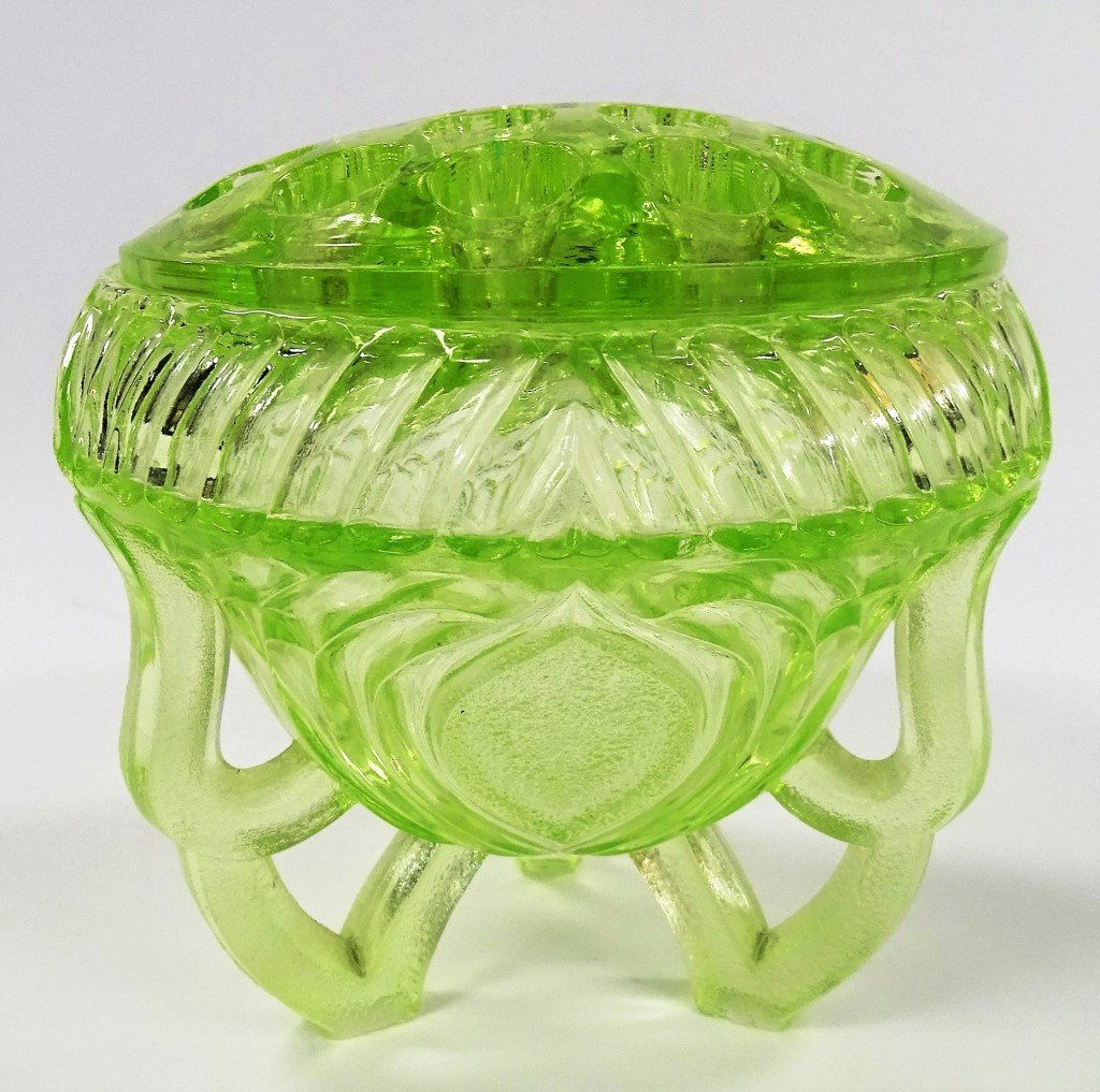 VINTAGE GREEN VASELINE GLASS FLOWER FROG AND BOWL (1 of 4)