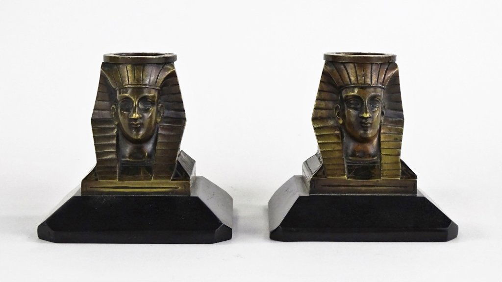 PAIR OF EGYPTIAN REVIVIAL BRONZE CANDLESTICKS (1 of 6)