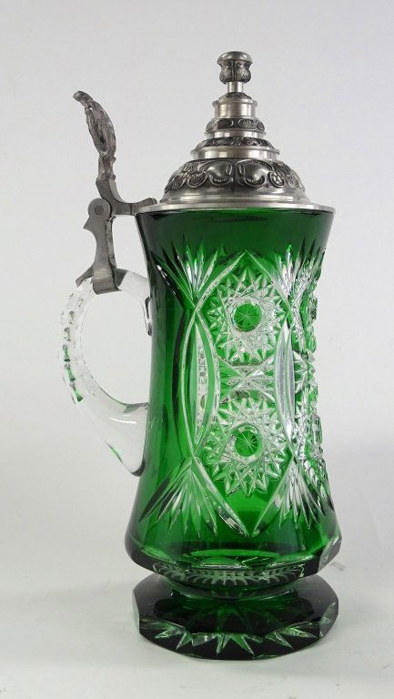 LARGE BOHEMIAN ETCHED GLASS TO CLEAR BEER STEIN (1 of 4)