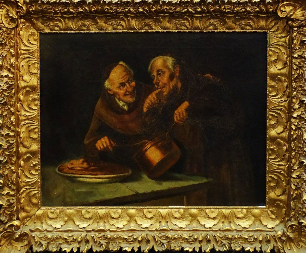 ANTIQUE OIL ON CANVAS PAINTING OF 2 MONKS COOKING: Antique oil on canvas painting of 2 old monks cooking, in a ornate frame unsigned, Note the oil has some old repairs to back. Measures approx 17 " tall x 21 " wide. Will not ship can refer local shipp