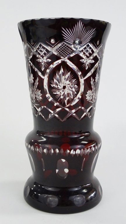 LARGE BOHEMIAN ETCHED RED CUT TO CLEAR VASE (1 of 3)