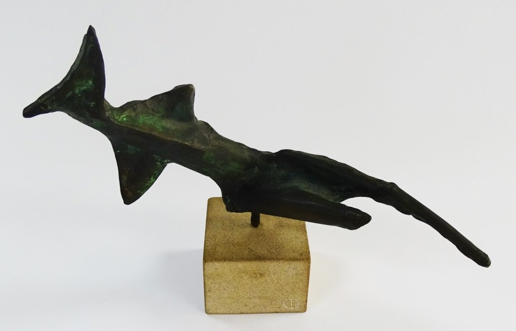 CLYDE BALL MIXED METAL SURREALIST SCULPTURE: Ball, Clyde (American, 20th); Surrealist patinated Mixed Metal sculpture in the abstract form of a figure in recumbent position. Mounted to a square stone base. Artist "CB" monogram initials etched in