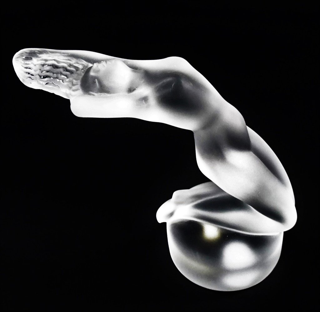 LALIQUE FRANCE MOLDED & FROSTED 'CHRYSIS' FIGURE: Lalique French molded & frosted 'Chrysis' crystal figure of nude female in reclining pose. Etched Lalique France signature to underside of base. Measures approx. 5 1/4" H. We will not ship, will recom