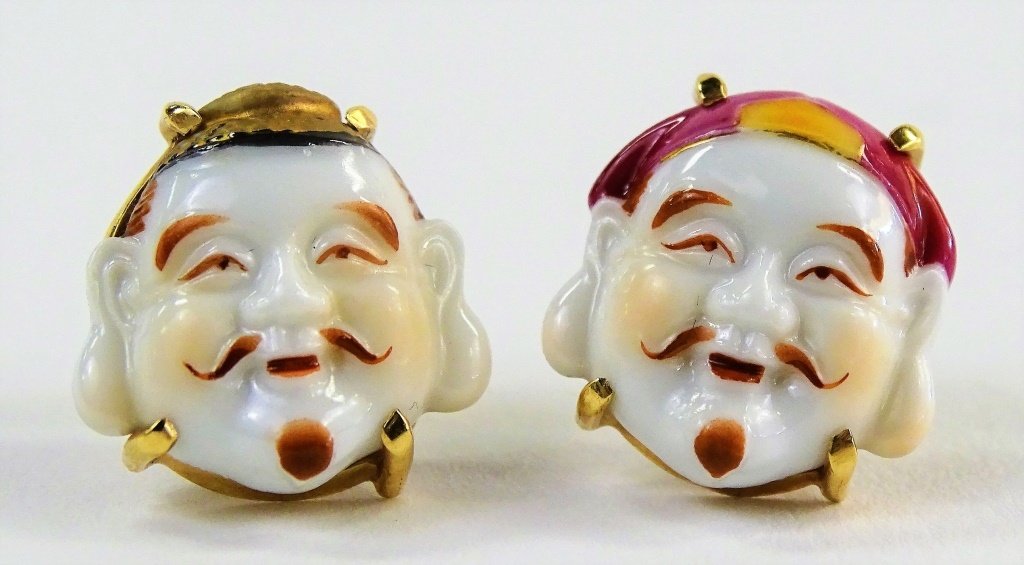 PR LADIES 14KT YG & CERAMIC HOTAI BUDDHA EARRINGS (1 of 3)
