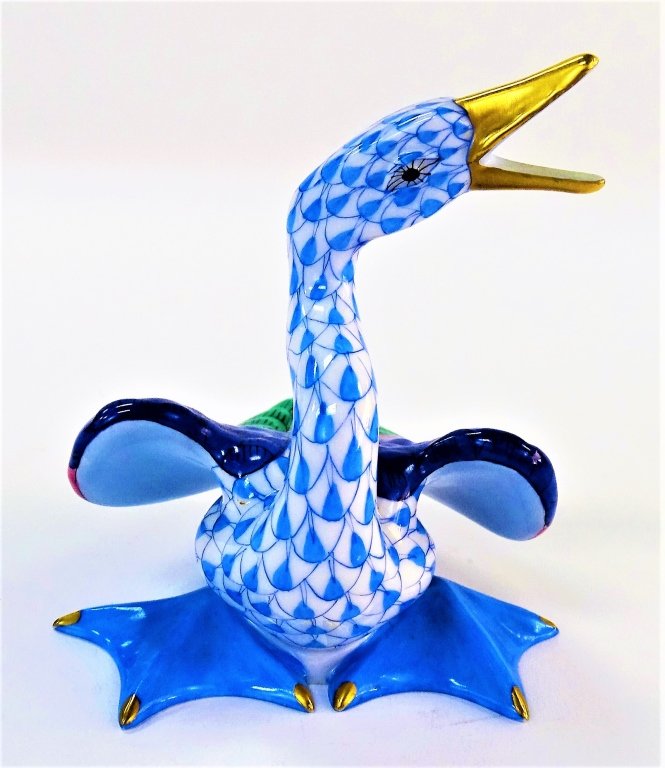HEREND HUNGARIAN PORCELAIN FISHNET GOOSE: Herend Hungarian porcelain figure in the form of a Goose with neck outstretched, wings spread, and bill wide open. Hand-painted in 'Fishnet' pattern with Blue color. Gold gilt accent to bill and feet.
