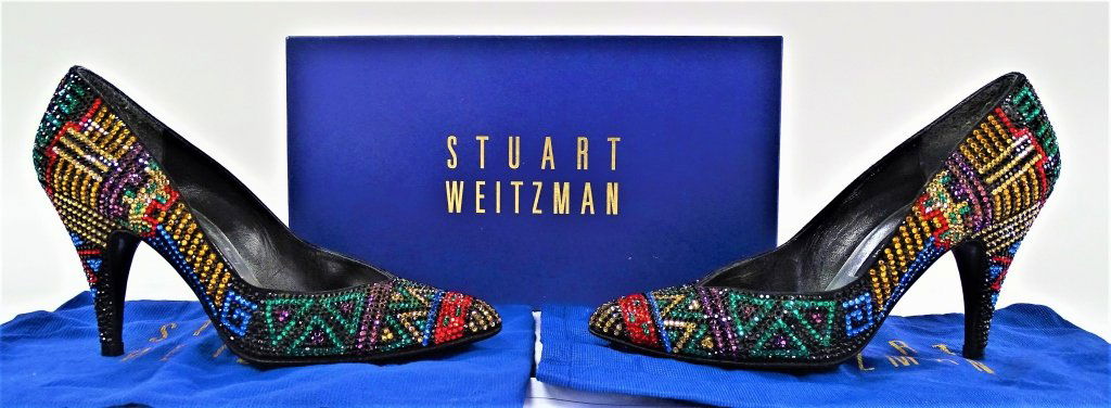 PR WOMENS STUART WEITZMAN CRYSTAL JEWELED PUMPS: Women's pair of Stuart Weitzman for Mr. Seymour. Crystal jeweled pump heels from The Pavé Collection, Size 6. Jeweled throughout with hand set Austrian Crystals in a geometric pattern in South Americ
