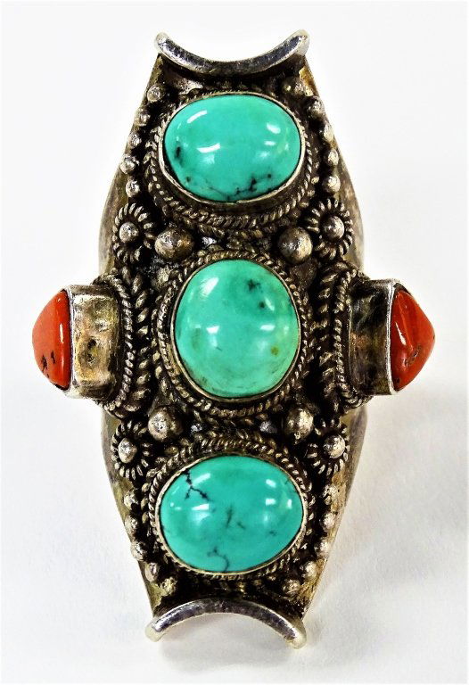 LARGE HEAVY NAVAJO STERLING TURQUOISE &CORAL RING (1 of 4)