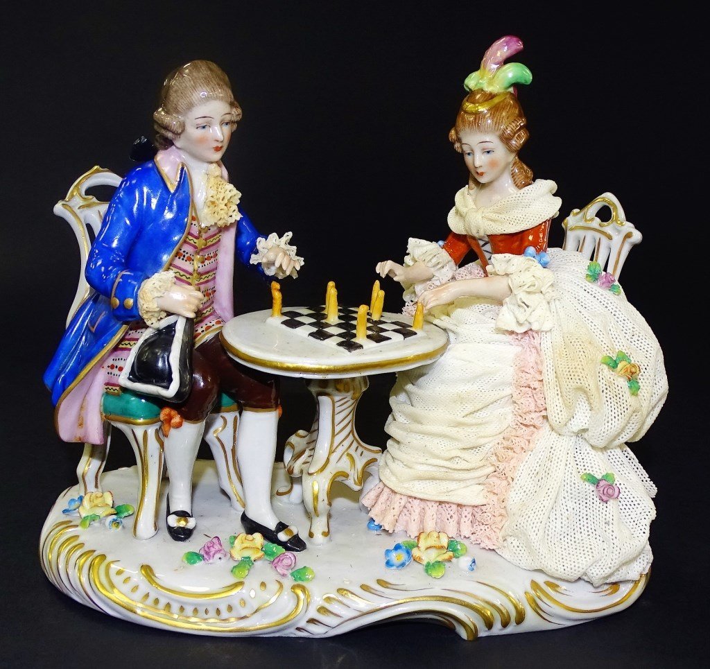 DRESDEN PORCELAIN GROUP PLAYING CHESS (1 of 3)