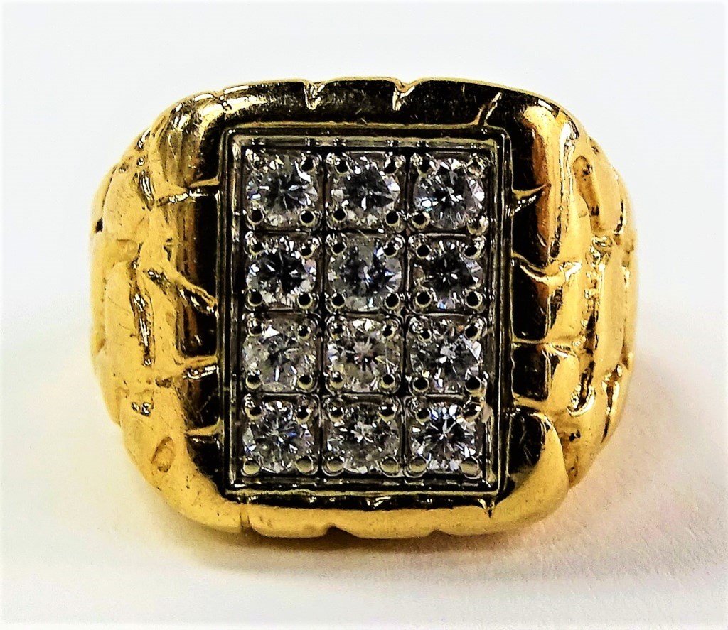 MENS 14KT YELLOW GOLD & DIAMOND NUGGET RING (1 of 4)