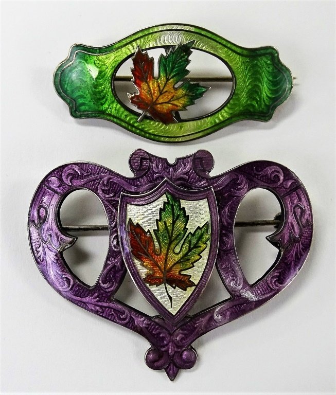 PAIR OF FABULOUS VINTAGE ENAMEL & STERLING SILVER PINS: Largest being 2 1/2" wide. They are both marked Sterling and bear a half moon or sickle mark. From a Palm Beach Estate. Total weight 30 grams. Shipping to be $20 plus insurance. Free shipping offered 