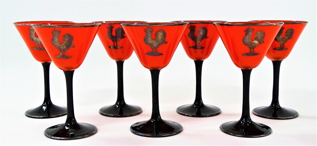 7 VINTAGE MARTINI GLASSES WITH SILVER OVERLAY: 7 vintage martini glasses with silver overlay and a rooster in the middle. Very nice glasses. Each Measures approx 5" tall. Will not ship can refer local shippers.