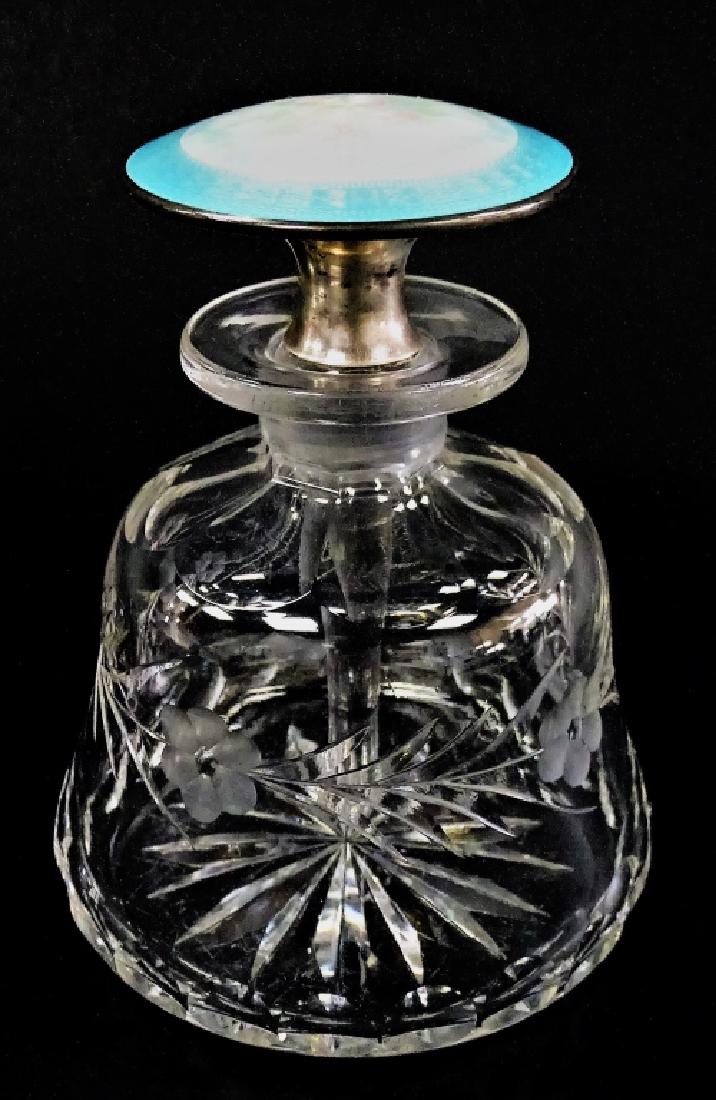 ANTIQUE ETCHED PERFUME BOTTLE BLUE GUILLOCHE TOP (1 of 5)