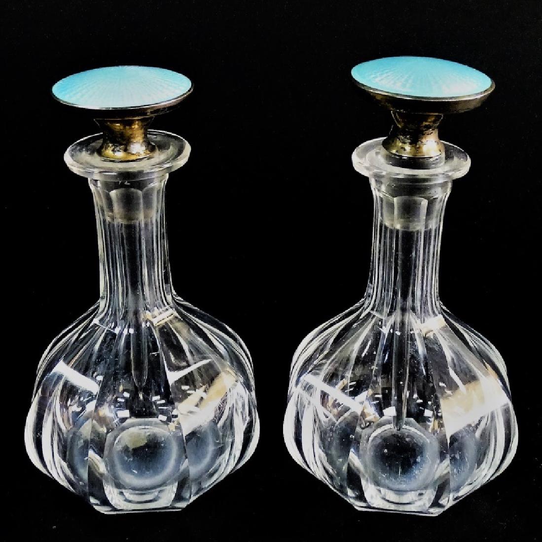 PR OF CRYSTAL PERFUME BOTTLE BLUE GUILLOCHE TOPS (1 of 4)