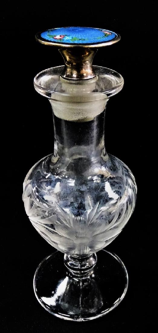 CRYSTAL PERFUME BOTTLE BLUE GUILLOCHE TOP (1 of 3)